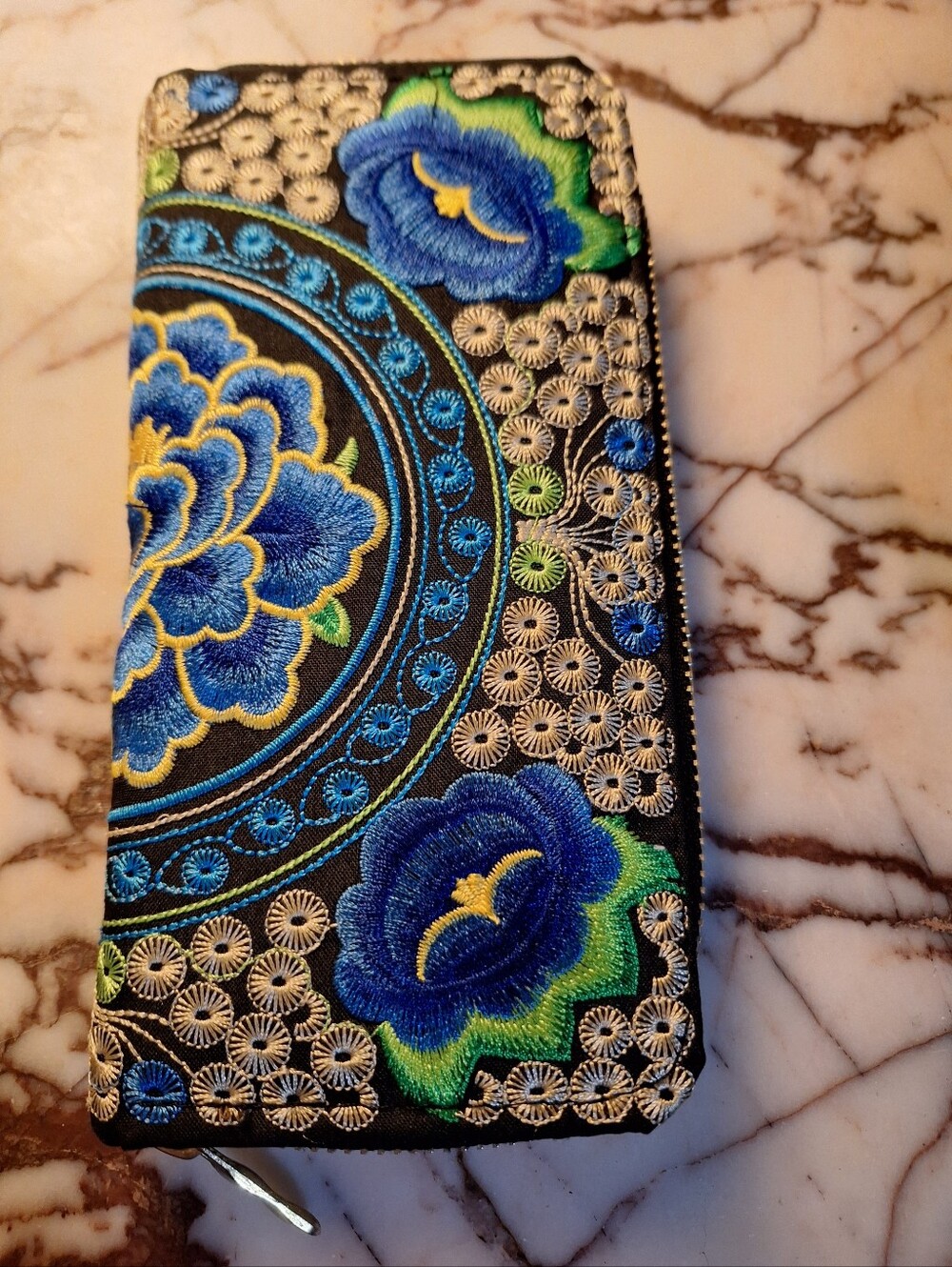 Embroidered Floral Zip Wallet - Blue & Green